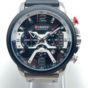Curren Men's Chronograph Watch 48mm Silver Tone Black Date WR New Battery 10"